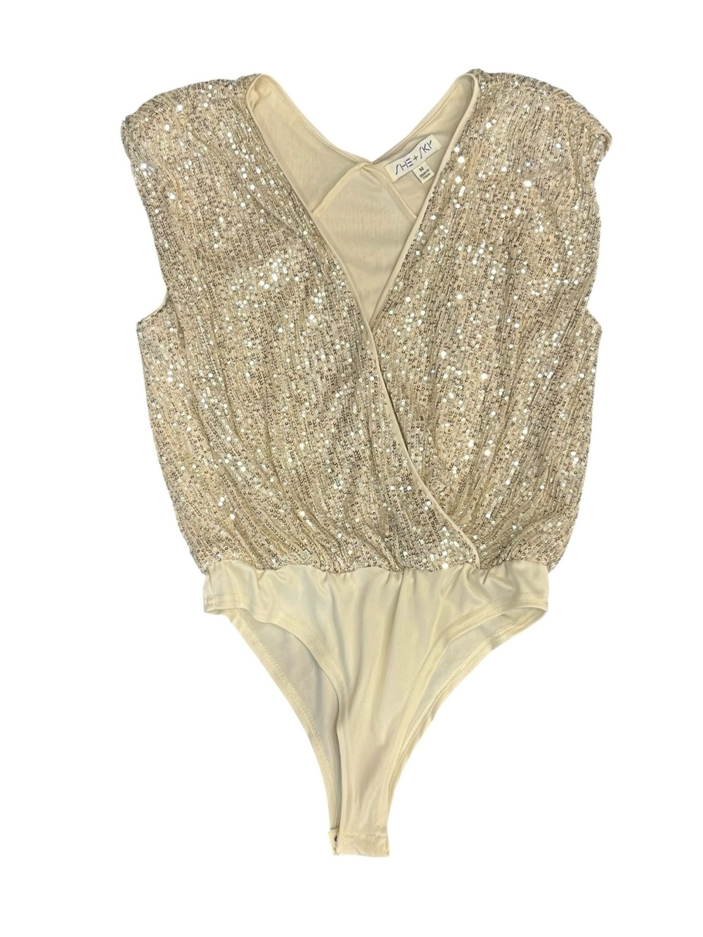 She + Sky | Sequin Bodysuit in Silver and Cream M